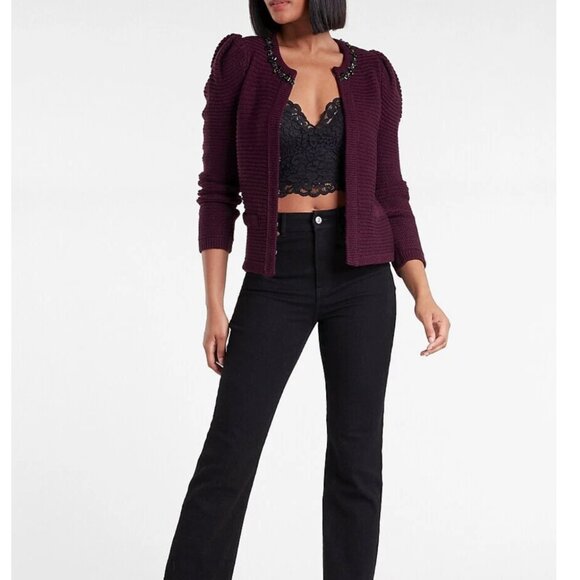NWT EXPRESS PURPLE JEWELED NECK TRIM SWEATER JACKET SZ XS - Picture 6 of 9